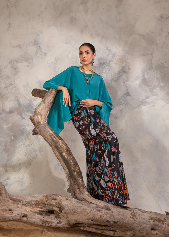 Teal blue Cape-Skirt Set - Resort Collection by Noreen Neelam