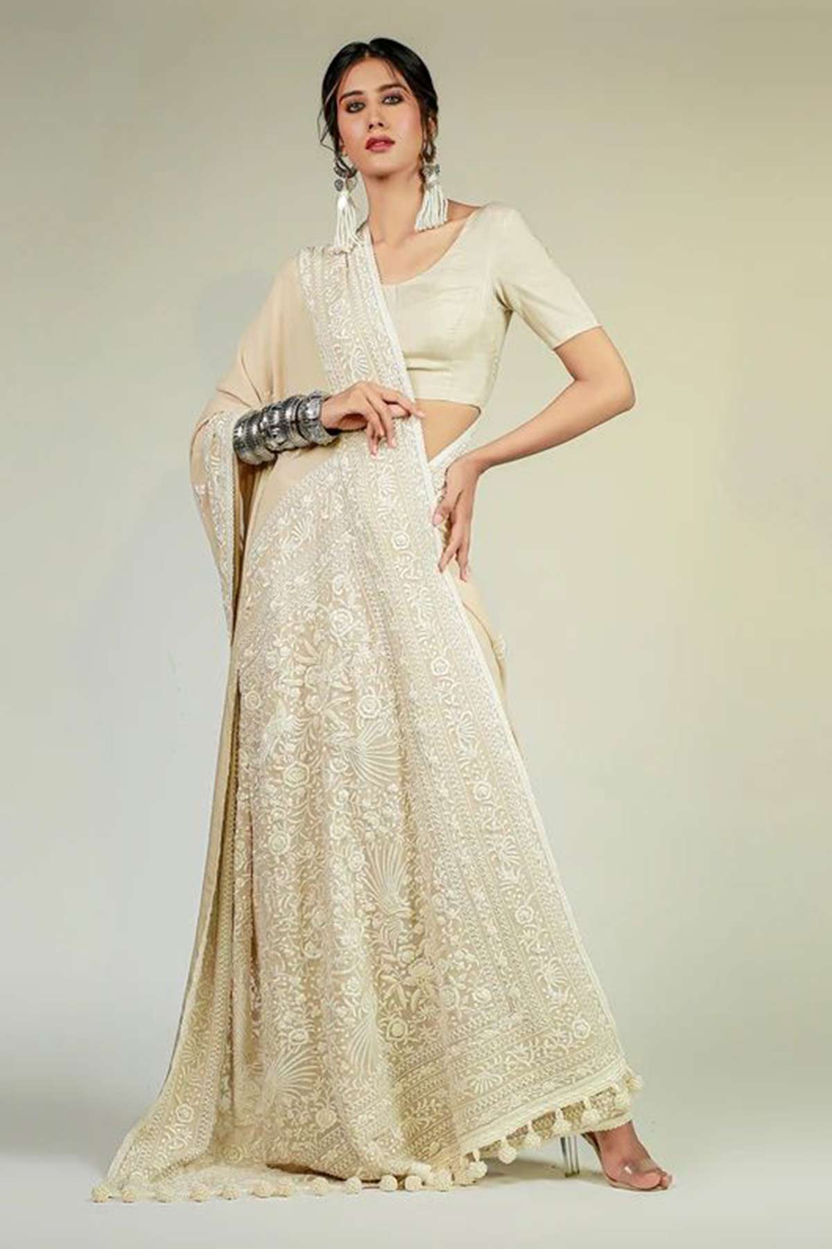 BEIGE CHIKEN KARI SAREE - Rizwan Beyg