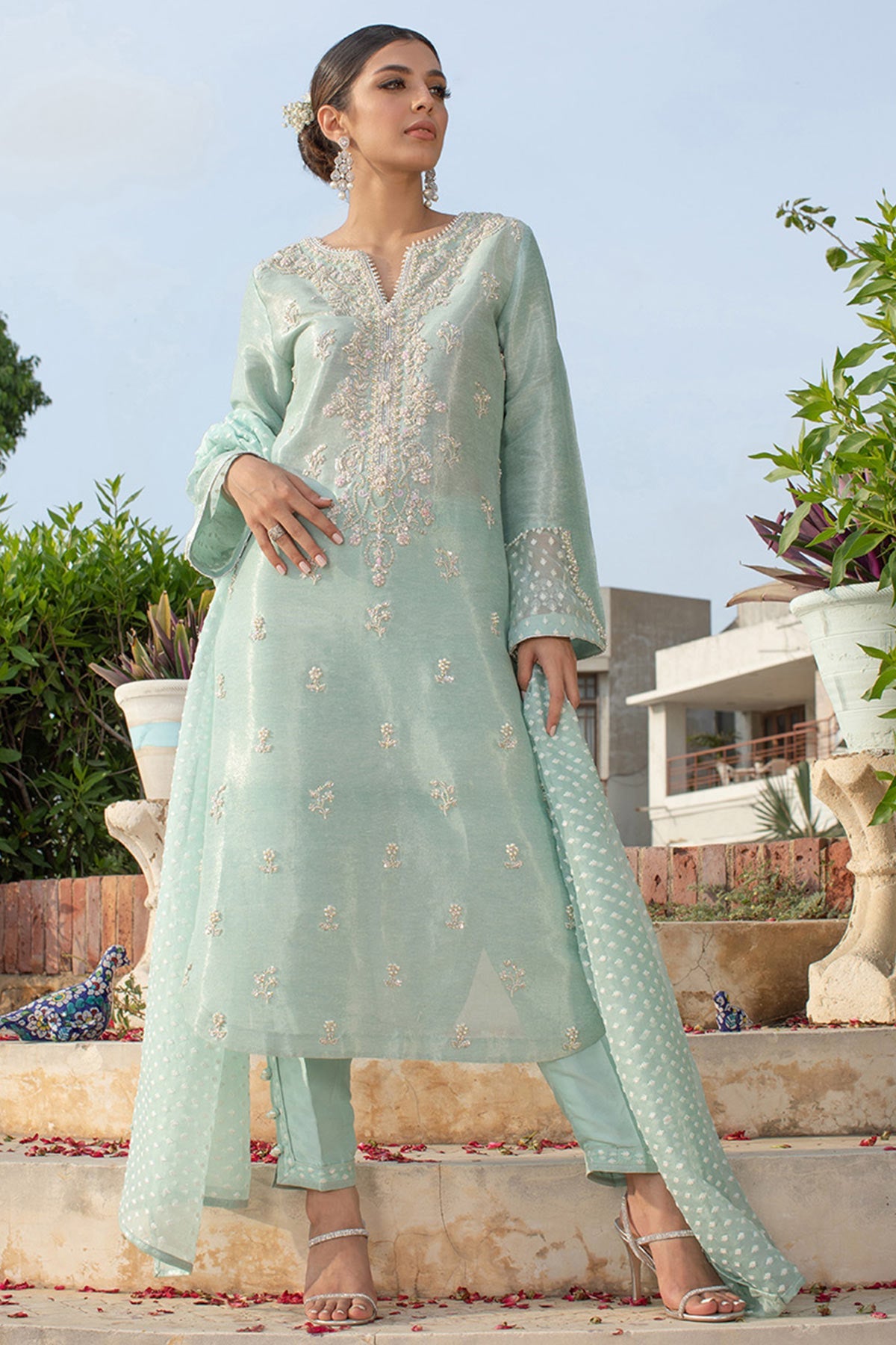 Firozeh silver zari with embroidered dupatta - Farah Talib Aziz