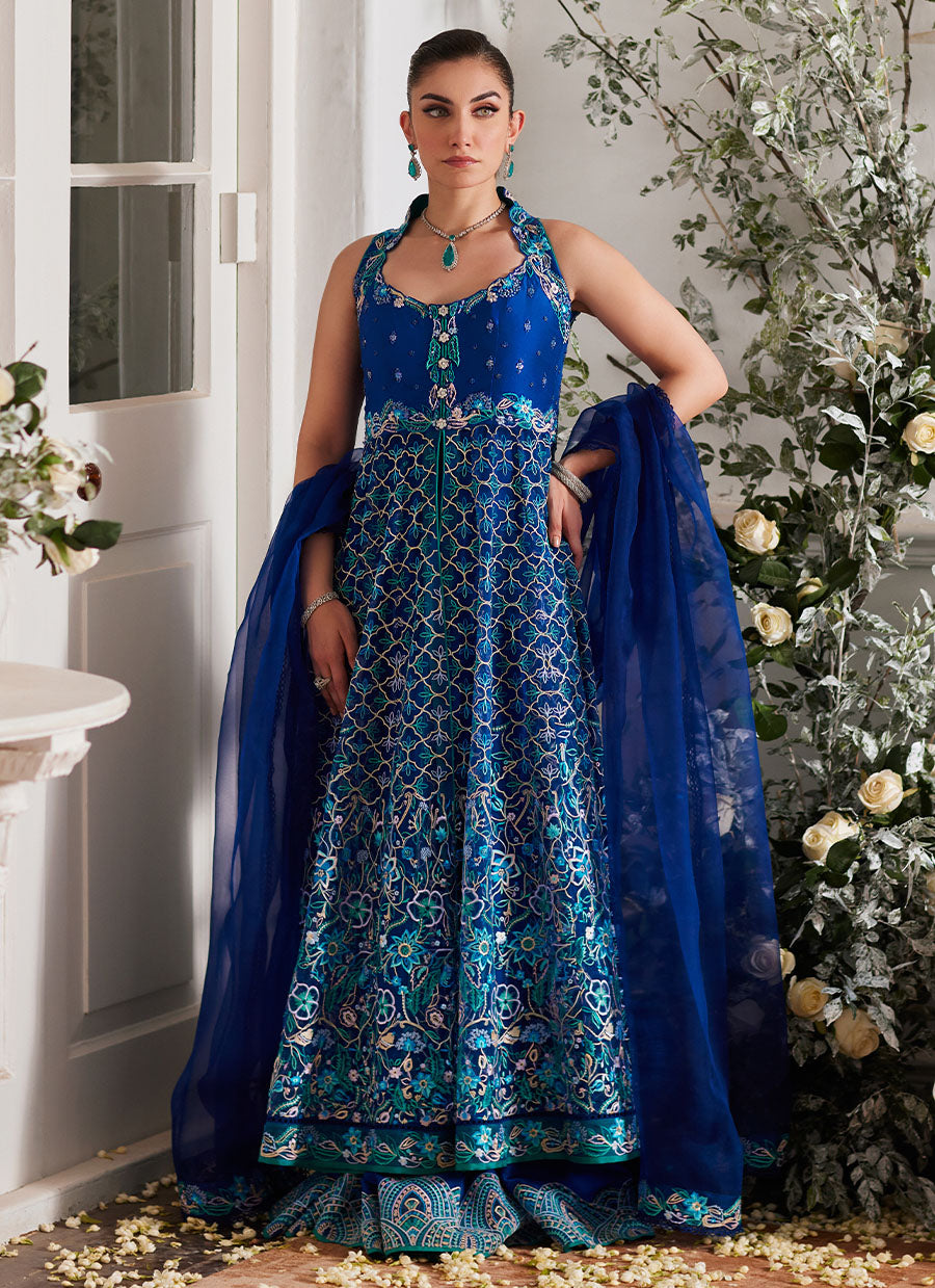 Nuwara Ink Blue Kalidaar and Dupatta - Mayna Festive Luxe Pret '24 by farahtalibaziz