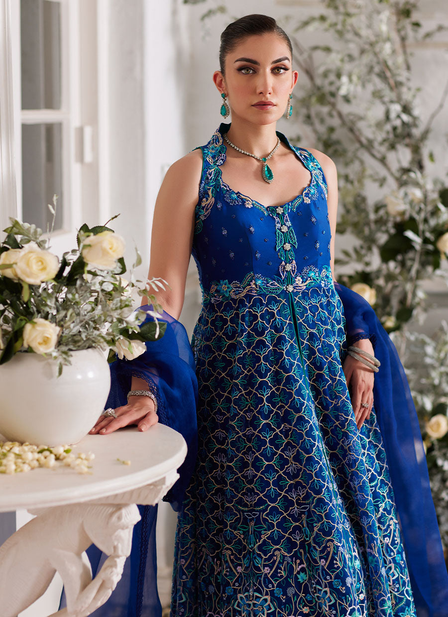 Nuwara Ink Blue Kalidaar and Dupatta - Mayna Festive Luxe Pret '24 by farahtalibaziz