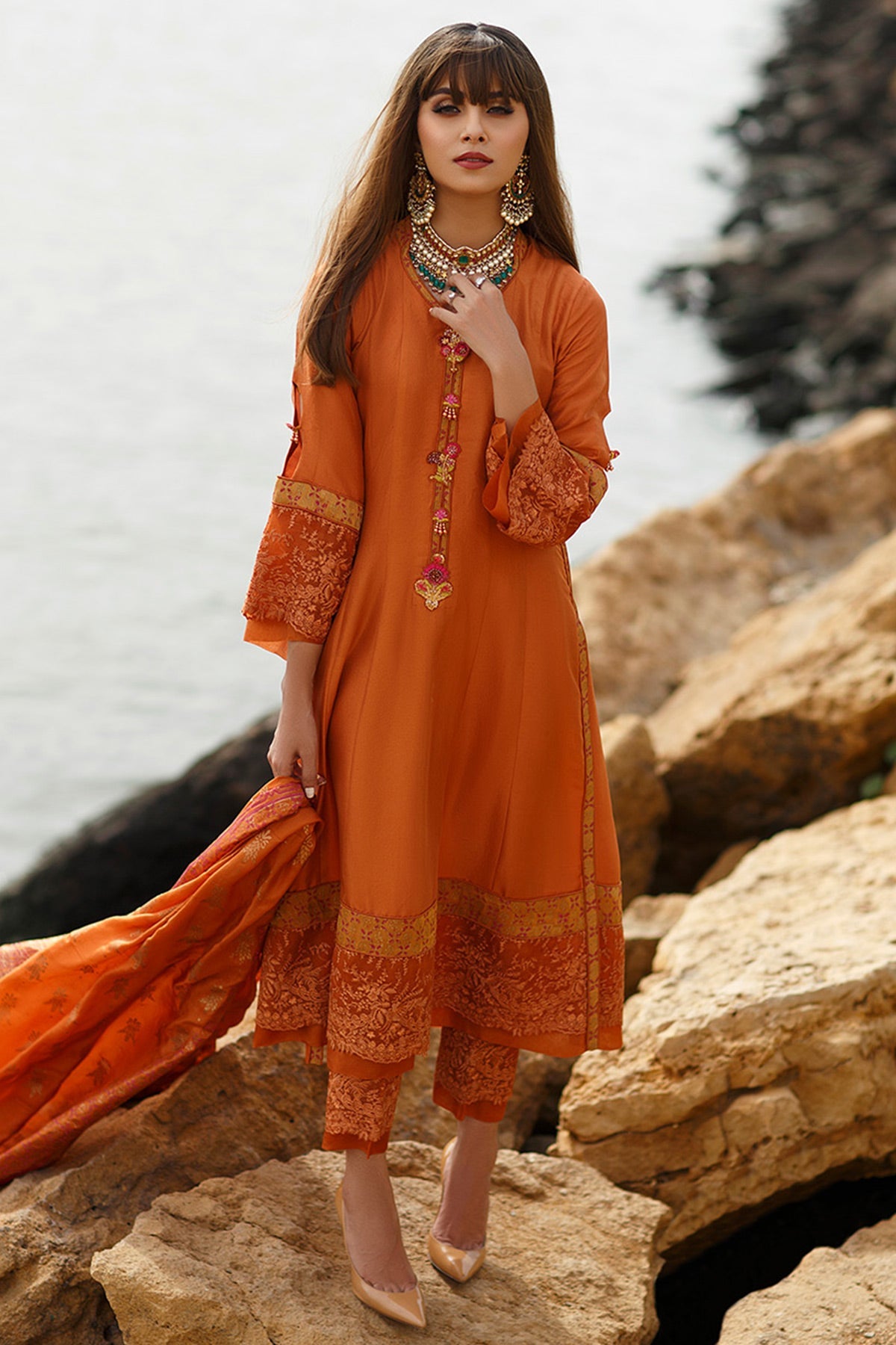 Madras Orange Panelled shirt with dupatta - Farah Talib Aziz