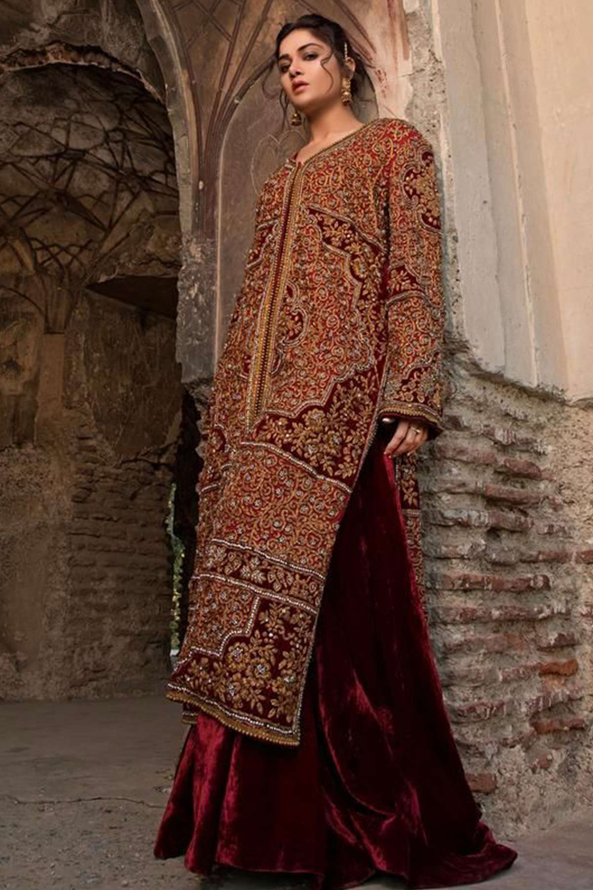 MAROON VELVET LONG COAT WITH A SKIRT - Rizwan Beyg