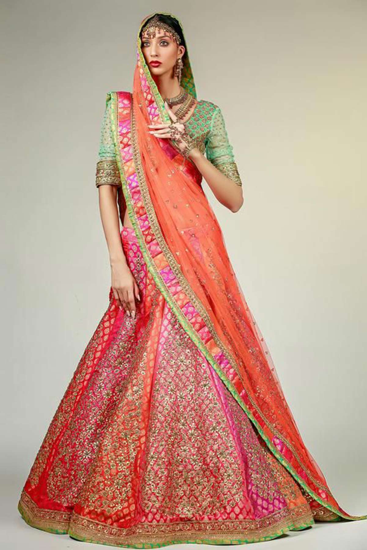 MULTICOLOURED PANEL LEHENGA WITH GOLD CHOLI AND DUPATTA - Rizwan Beyg