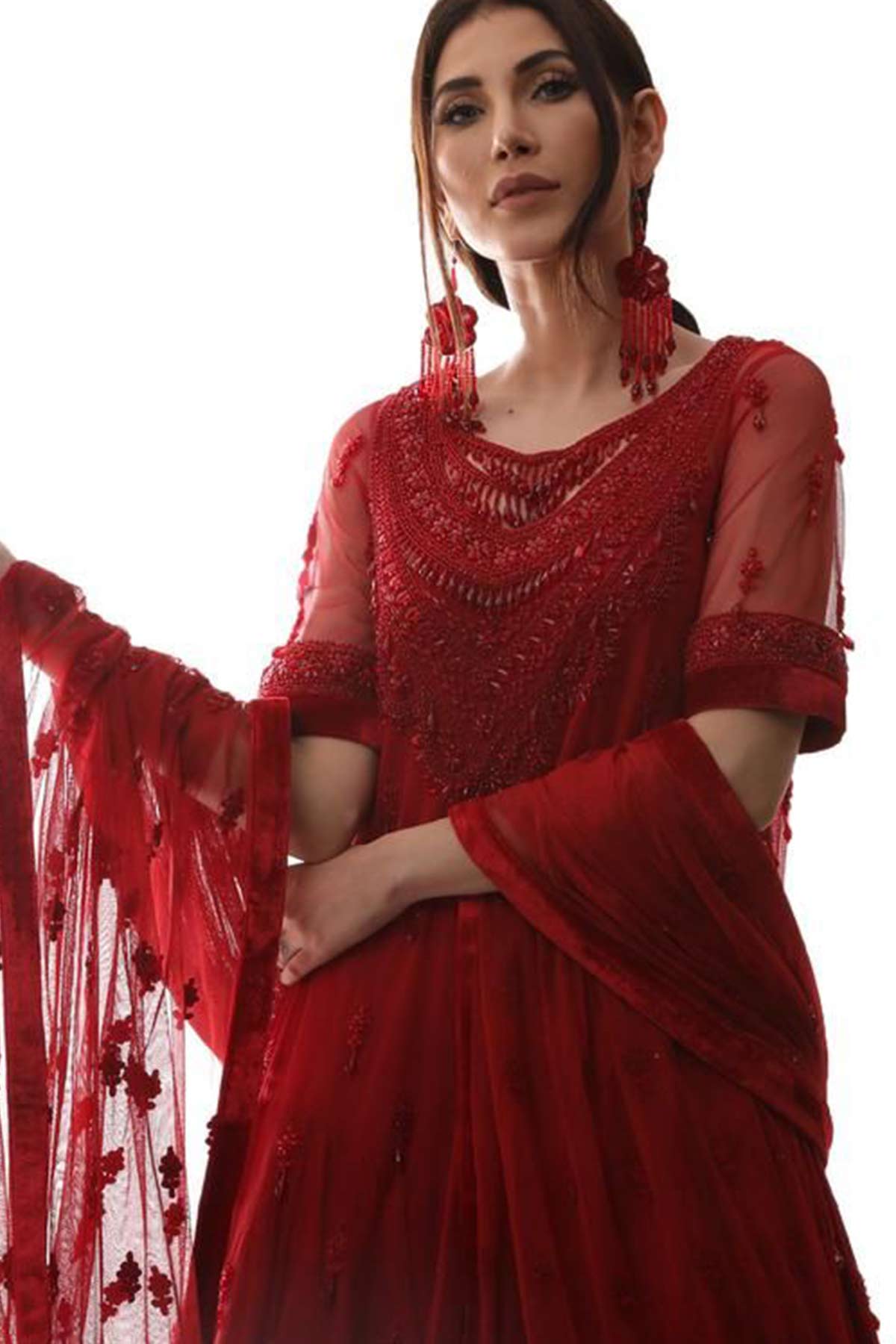 RED SWAROVSKI TUNIC AND CHEMISE - Rizwan Beyg