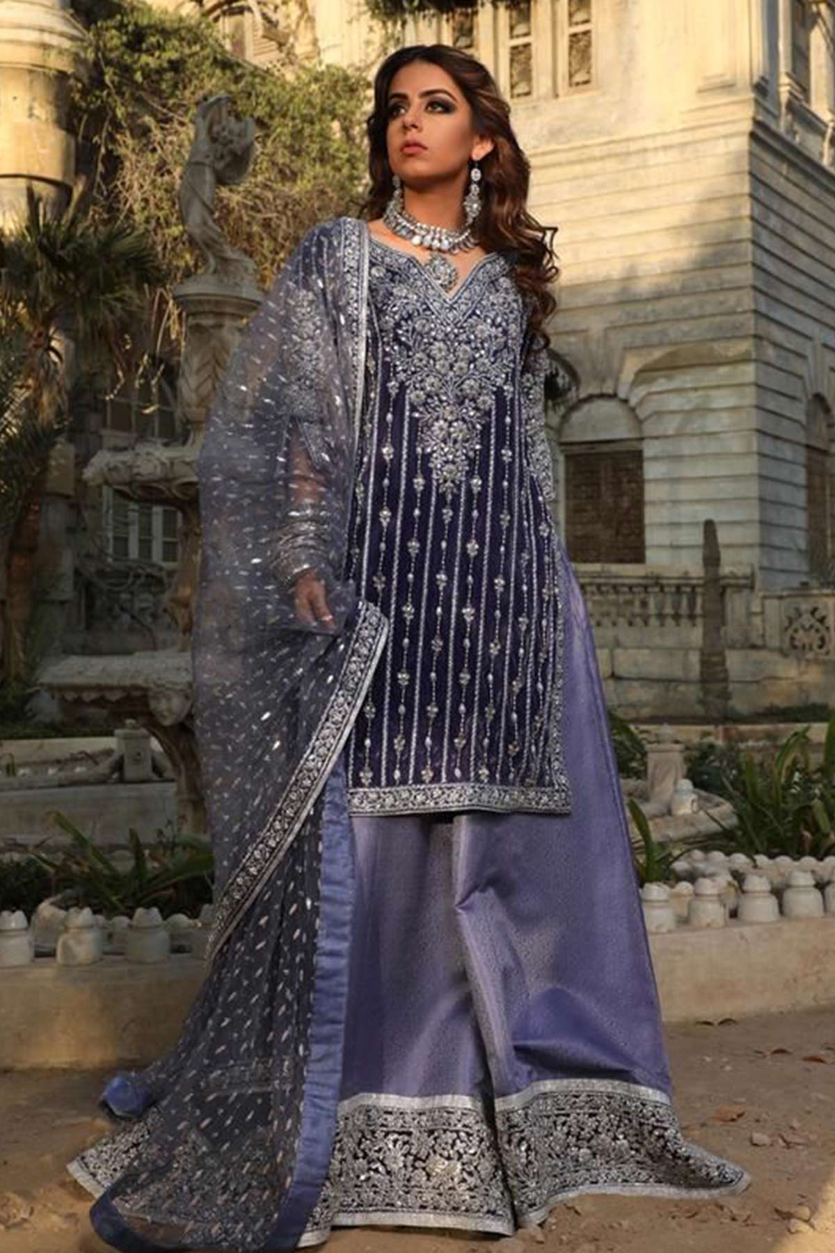 SILVER BLUE VELVET SHIRT, PYJAMA AND DUPATTA - Rizwan Beyg