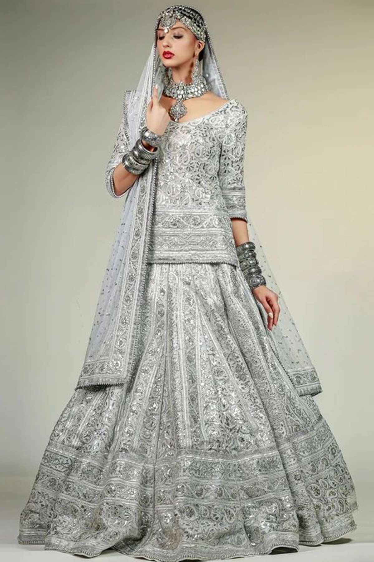 SKY BLUE LEHENGA, CHOLI AND DUPATTA EMBELLISHED WITH SILVER GOTA-WORK - Rizwan Beyg