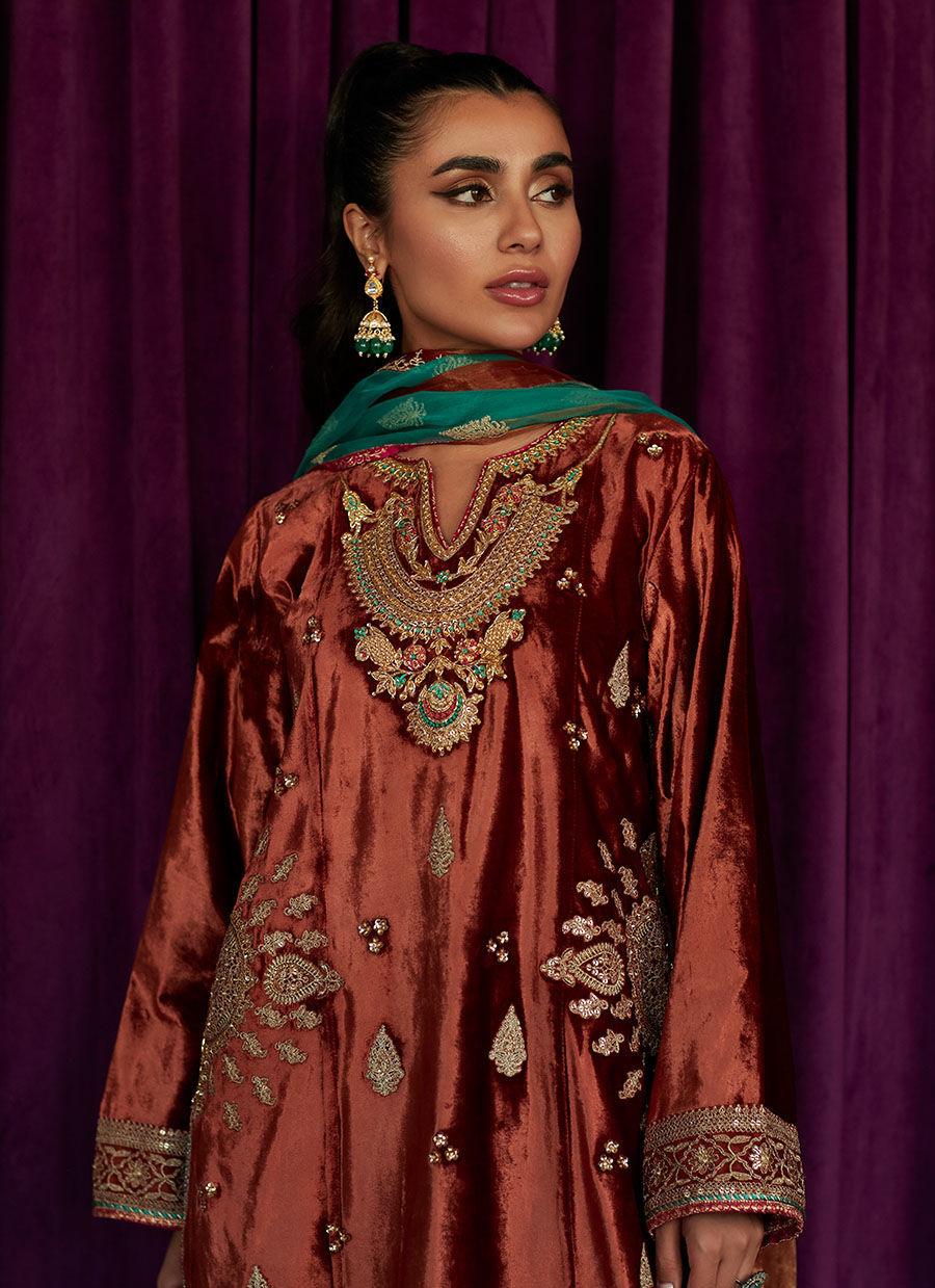 MAE BURNT ORANGE SHIRT AND DUPATTA - Velvet Stardust by Farah Talib Aziz