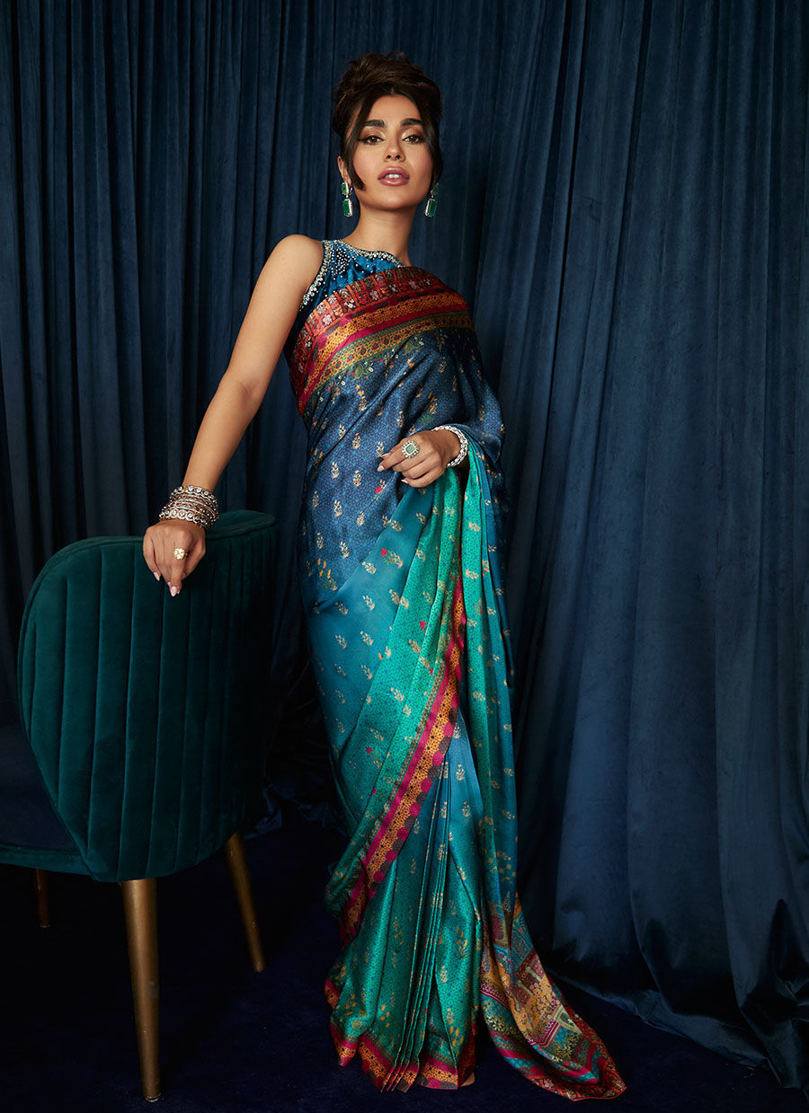 JULIA CHARMEUSE PRINTED SAREE - Velvet Stardust by Farah Talib Aziz