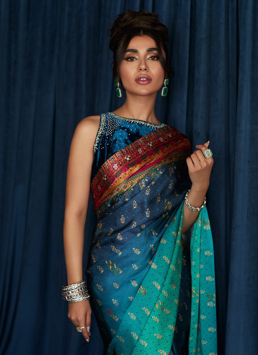 JULIA CHARMEUSE PRINTED SAREE - Velvet Stardust by Farah Talib Aziz