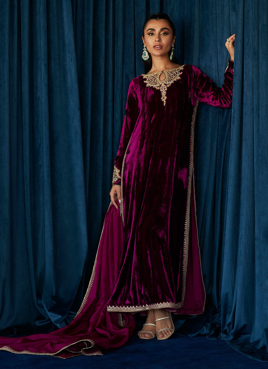 KAY AUBERGINE SHIRT AND DUPATTA - Velvet Stardust by Farah Talib Aziz