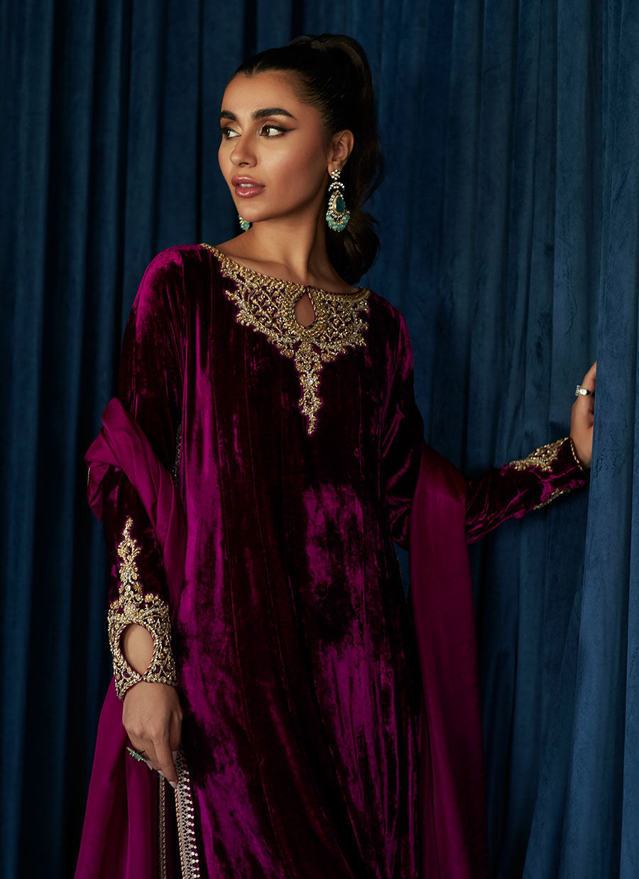 KAY AUBERGINE SHIRT AND DUPATTA - Velvet Stardust by Farah Talib Aziz